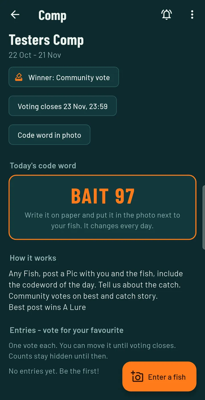Comp page: Testers Comp, winner by community vote, voting closes 23 November, code word BAIT 97, how it works and entries