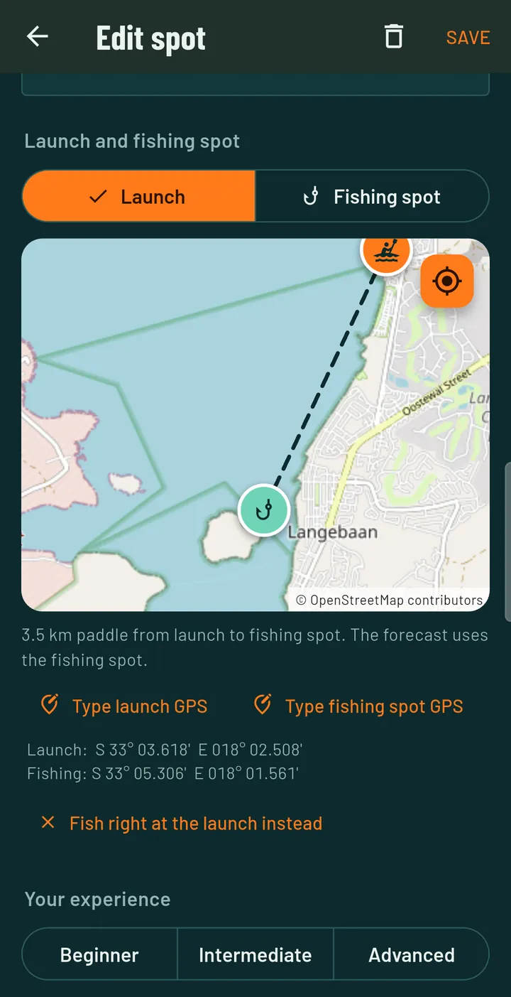 Spot editor map with the launch pin and a fishing spot 3.5 km out on Langebaan Lagoon