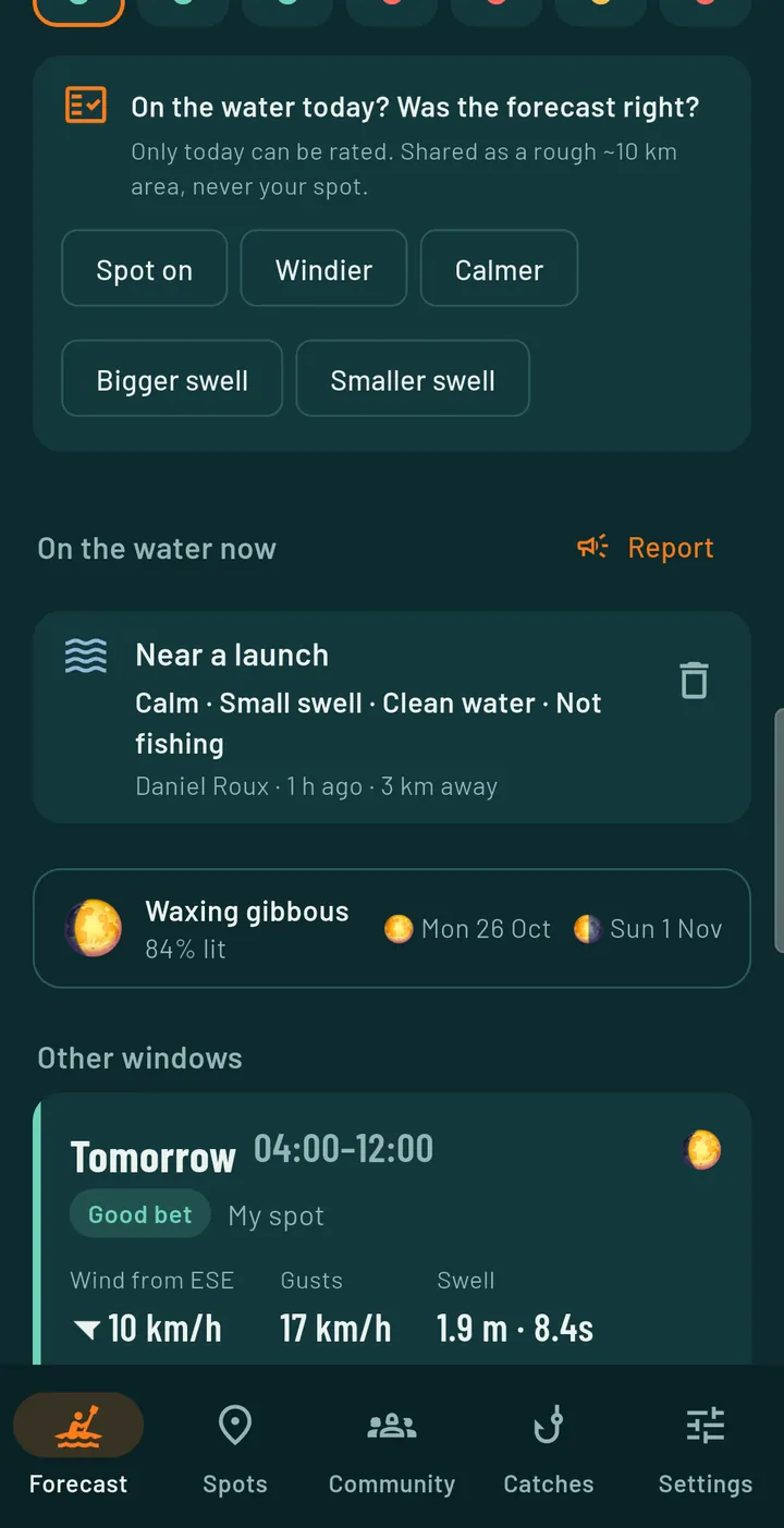 Rate the forecast, an on-the-water report, the moon phase and the next fishing window